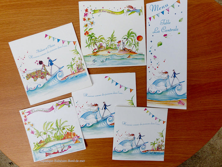 FAIRE-PART BORD DE MER, AQUATIQUE,PLAGE, EXOTIQUE.