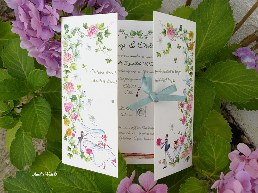 Faire-part mariage triptyque cœur multifleurs champêtre