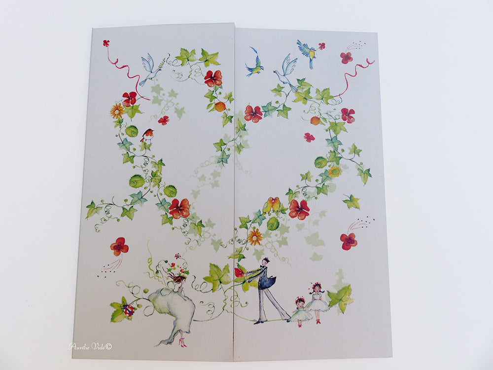 Faire-part champêtre triptyque cœur de vigne et coquelicot