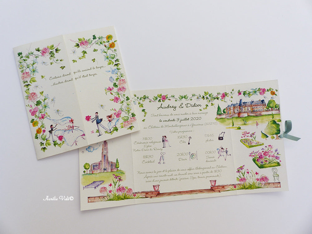 Faire-part mariage triptyque cœur multifleurs champêtre