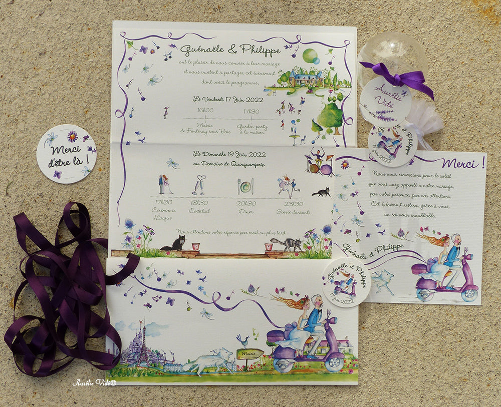 Faire-part mariage Le scooter Violet