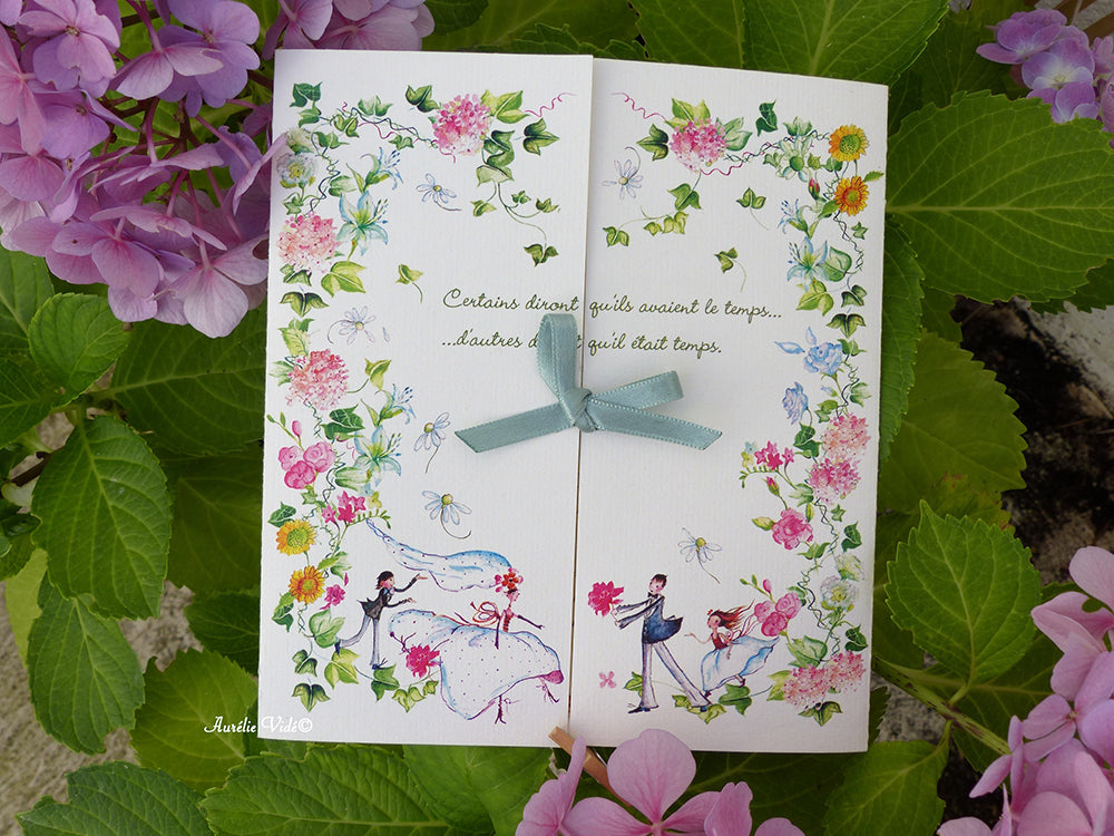 Faire-part mariage triptyque cœur multifleurs champêtre