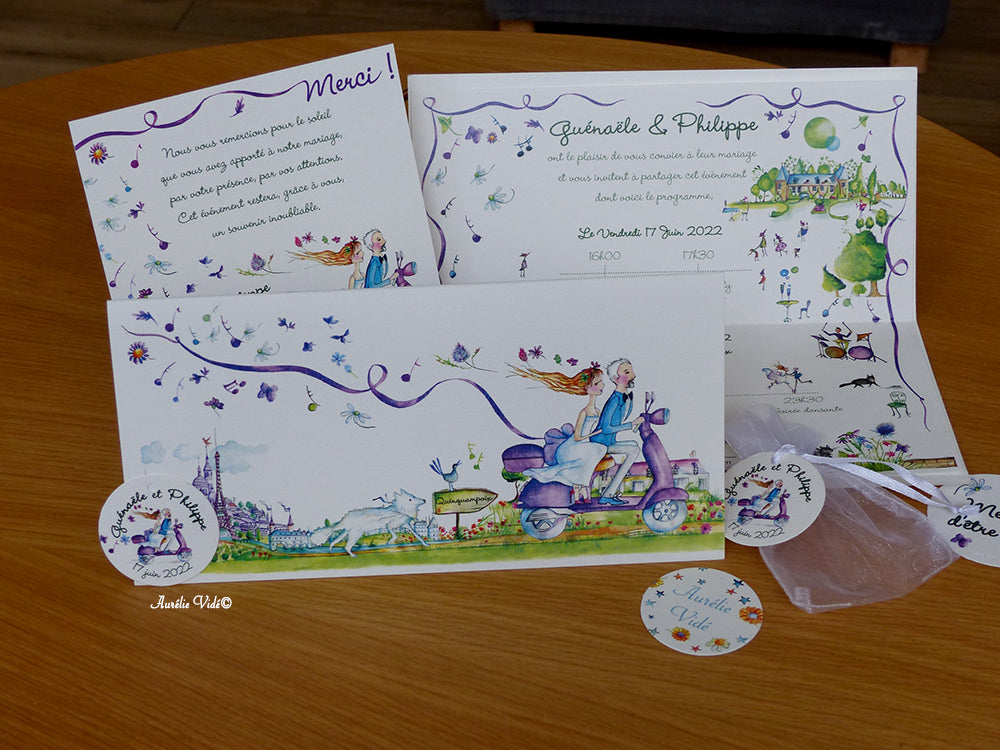 Faire-part mariage Le scooter Violet