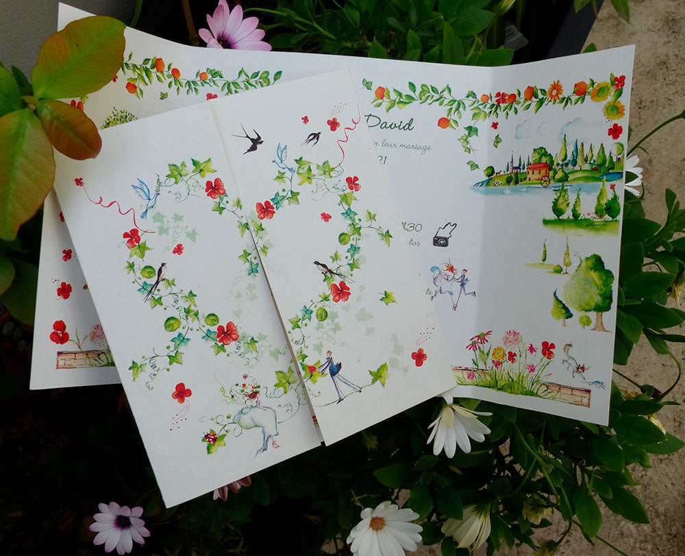 Faire-part invitation Champêtre triptyque Cœur de Vigne Coquelicots