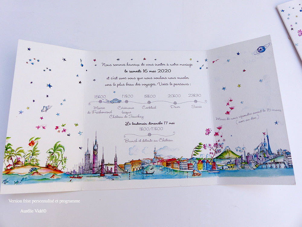 Faire-part mariage Globe-Trotter triptyque-Gris-Bleu