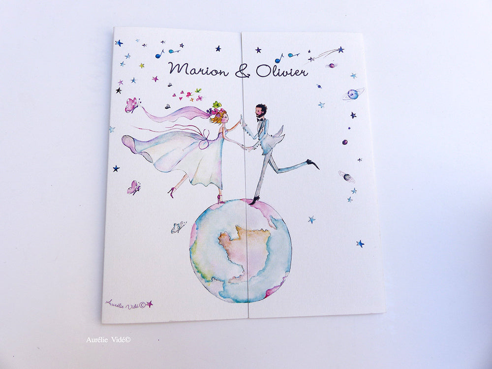 Faire-part mariage Globe-Trotter triptyque-Gris-Bleu