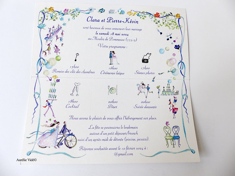Le faire-part mariage le Oui Tandem Bleu petit plié et lieu personnalisé