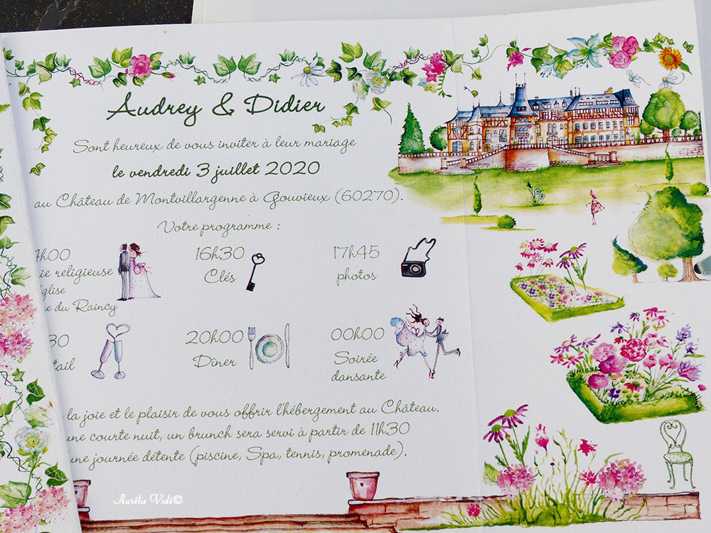 Faire-part mariage triptyque cœur multifleurs champêtre
