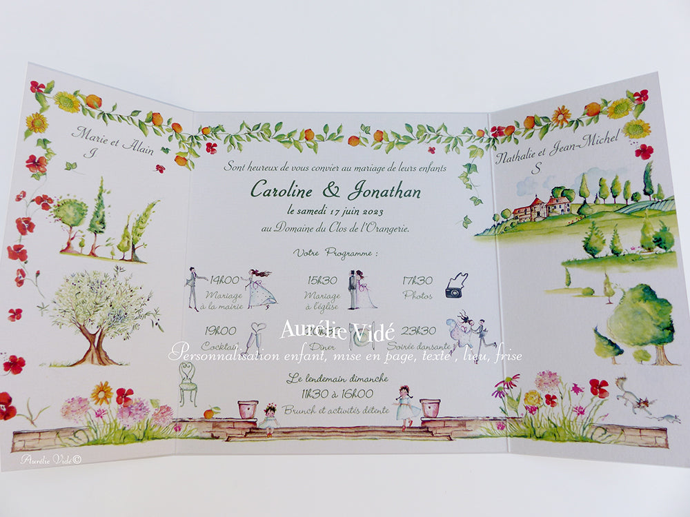 Faire-part champêtre triptyque cœur de vigne et coquelicot