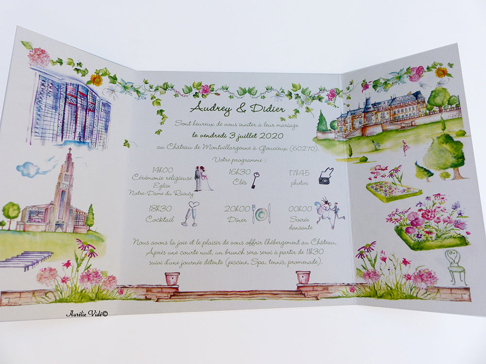 Faire-part mariage triptyque cœur multifleurs champêtre
