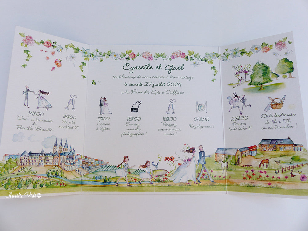 Faire-part triptyque Cœur de Vigne personnalisé version ton pastel