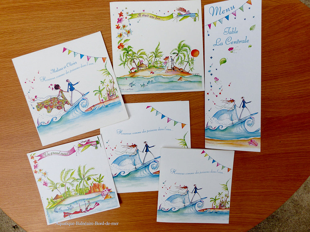 FAIRE-PART BORD DE MER, AQUATIQUE,PLAGE, EXOTIQUE.