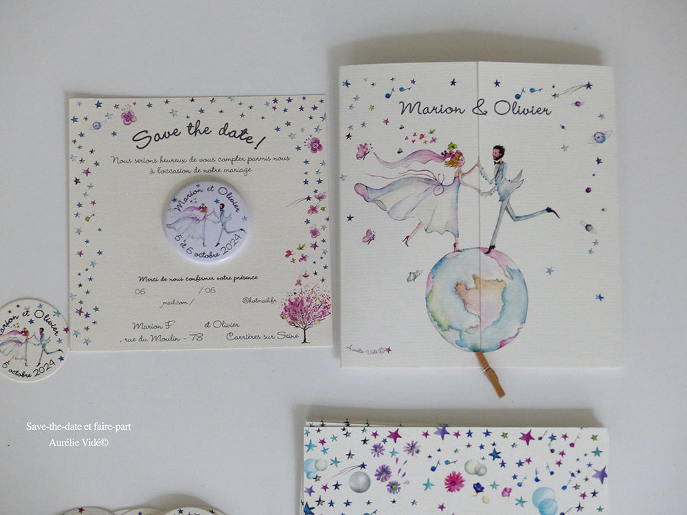 Faire-part mariage Globe-Trotter triptyque-Gris-Bleu