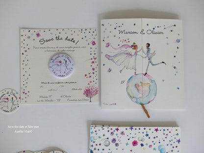 Faire-part mariage Globe-Trotter triptyque-Gris-Bleu
