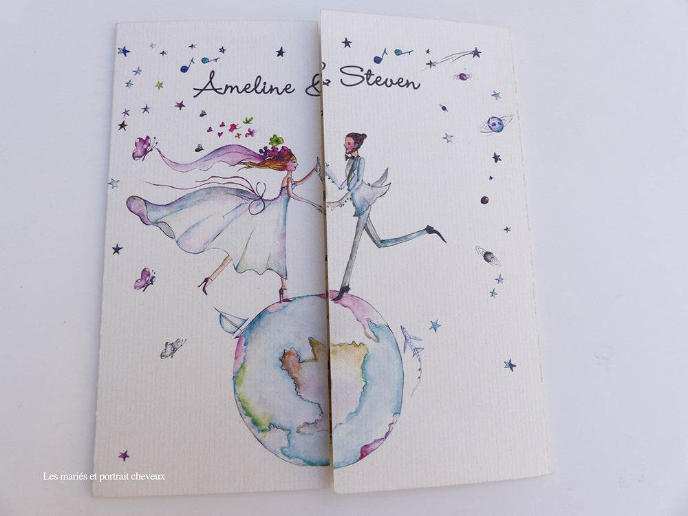 Faire-part mariage Globe-Trotter triptyque-Gris-Bleu