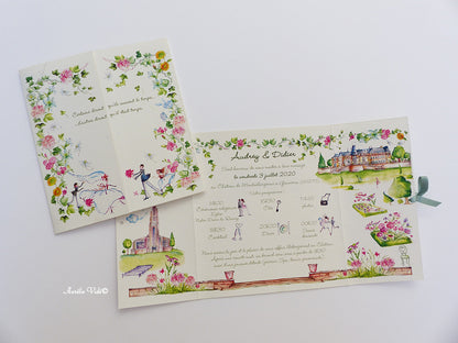 Faire-part mariage triptyque cœur multifleurs champêtre