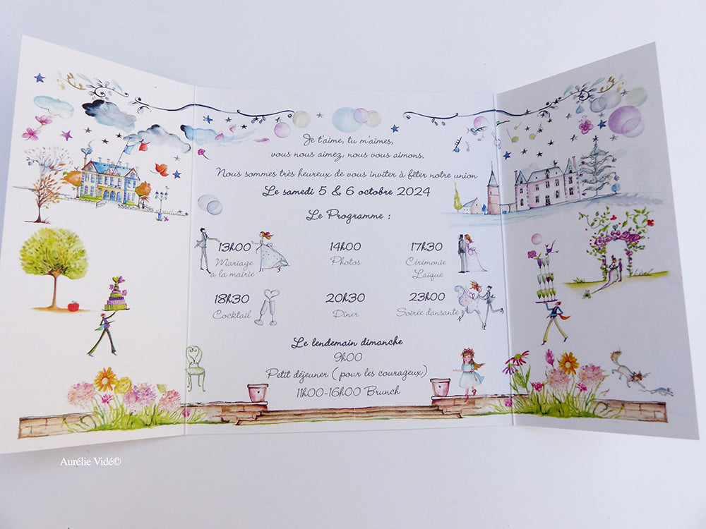 Faire-part mariage Globe-Trotter triptyque-Gris-Bleu