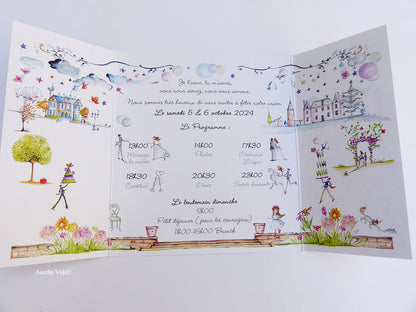 Faire-part mariage Globe-Trotter triptyque-Gris-Bleu