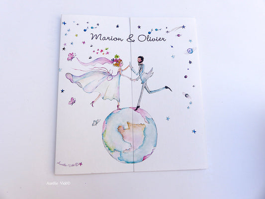 Faire-part mariage Globe-Trotter triptyque-Gris-Bleu