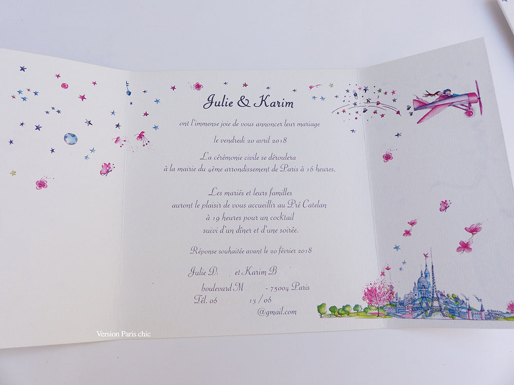 Faire-part mariage Globe-Trotter triptyque-Gris-Bleu