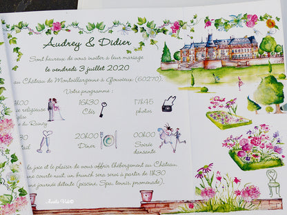 Faire-part mariage triptyque cœur multifleurs champêtre
